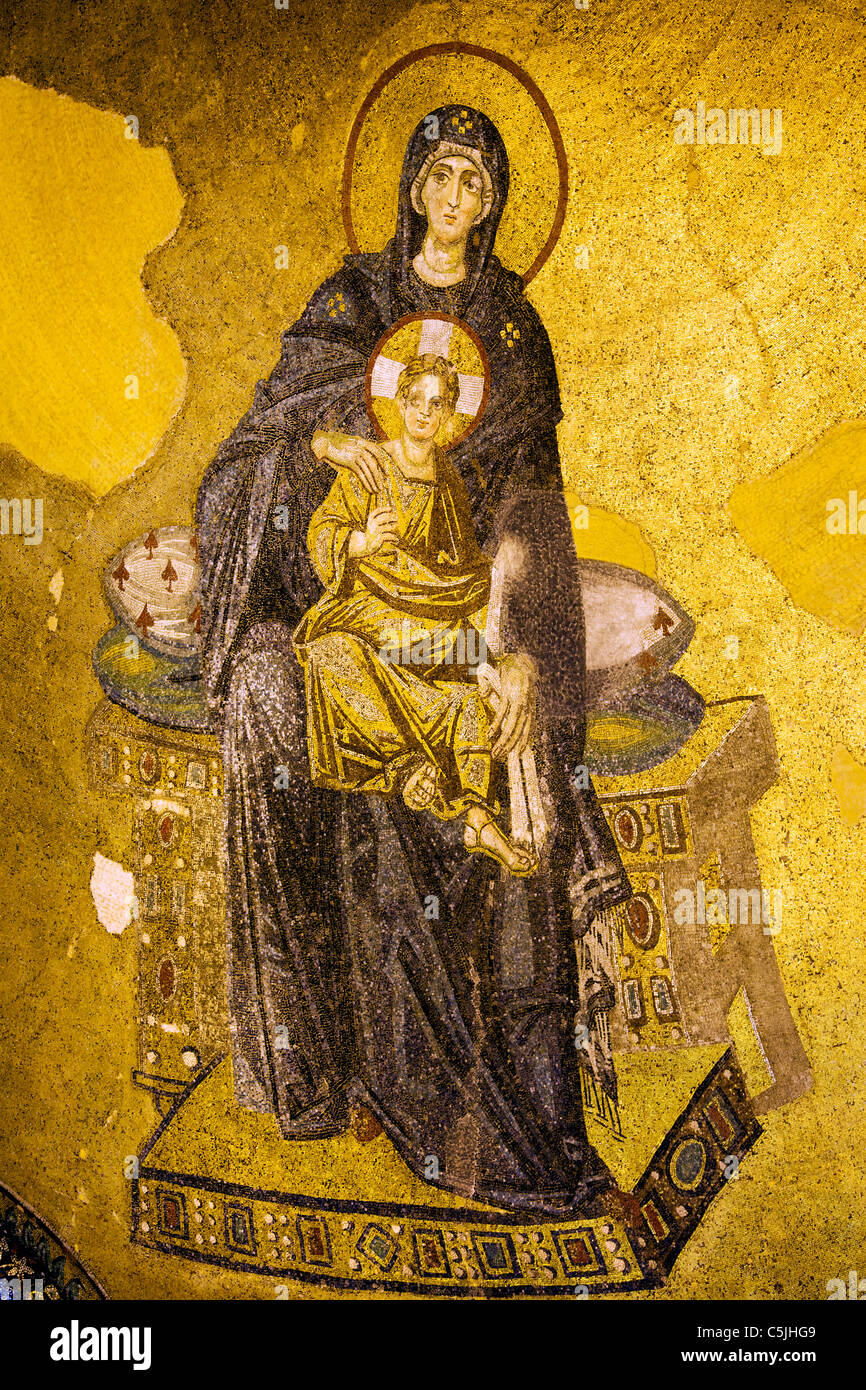 Byzantine mosaic of Virgin Mary and Jesus Christ in the Hagia Sofia, Istanbul, Turkey. Stock Photo