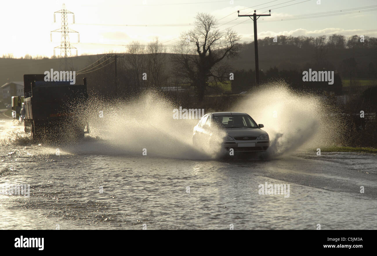 Vehicles traveling on severely flooded roads, Leicestershire, UK. Stock Photo