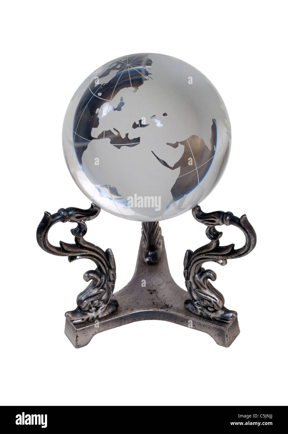 Crystal globe with navigational lines displaying Europe and Africa - path included Stock Photo