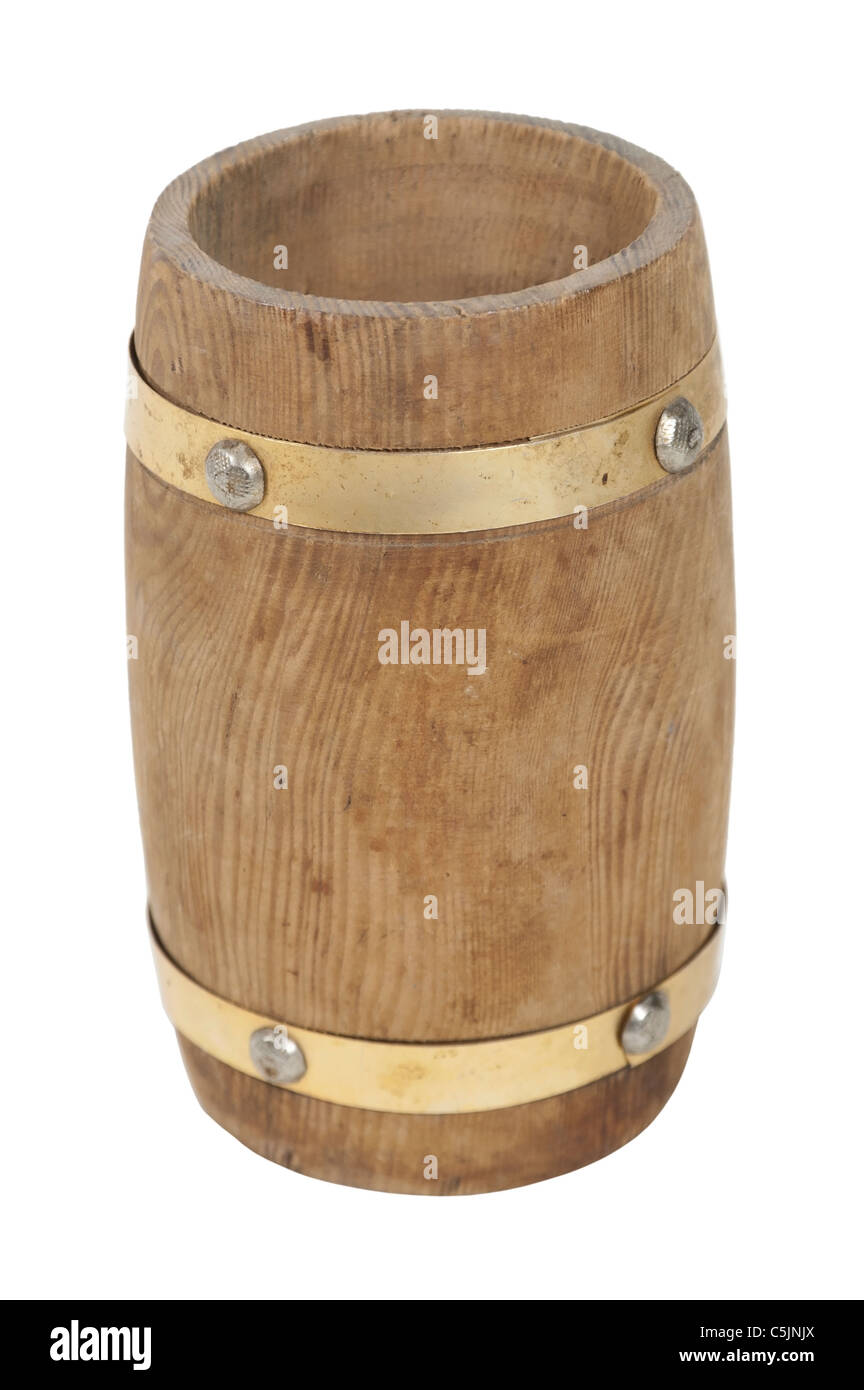 Empty wooden barrel used for storing food items and supplies path