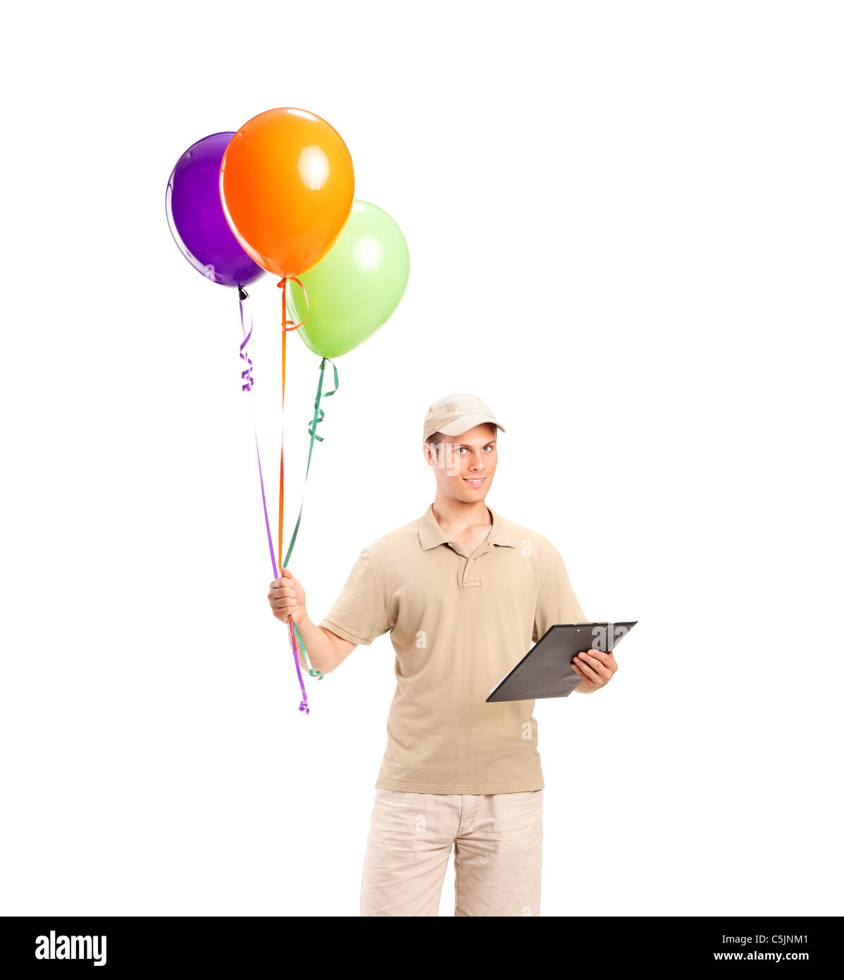 Full length portrait of a delivery boy delivering balloons Stock Photo