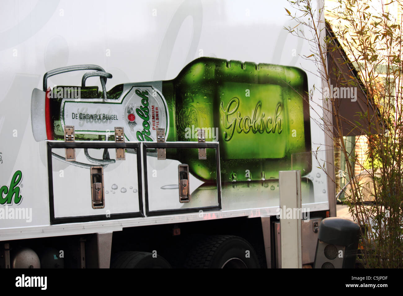 A Grolsch beer truck delivering beer in The Netherlands Stock Photo