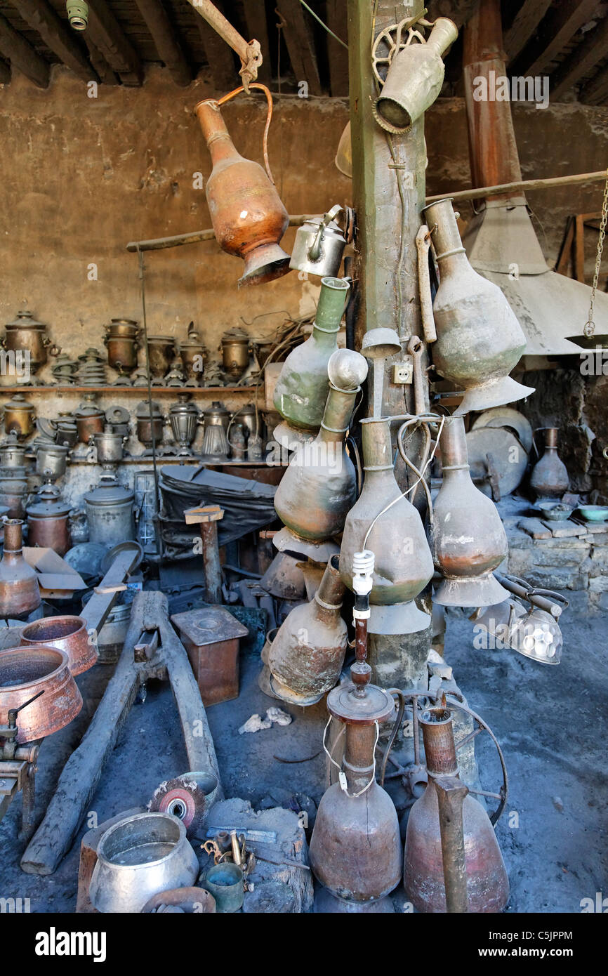 Azerbaijan - Lahic village - inside a copper workshop Stock Photo