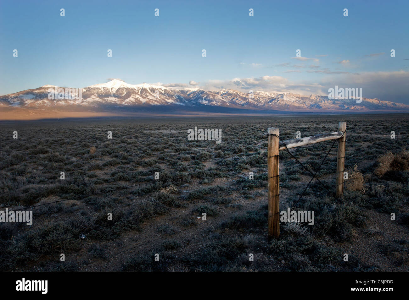 Looking over a fence on ranch land in a remote desert basin near Ely ...