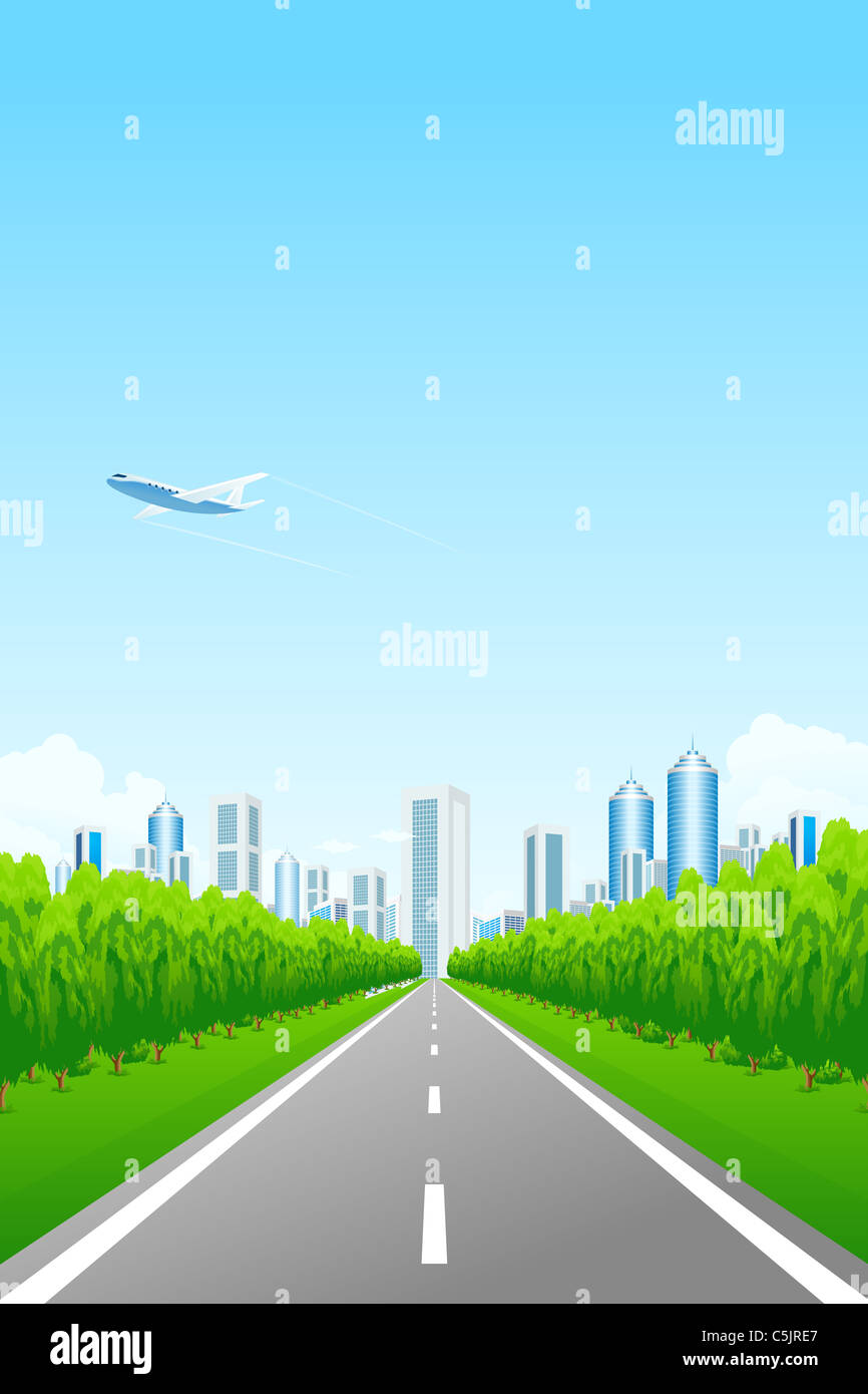 Green landscape with road trees city and clouds Stock Photo - Alamy