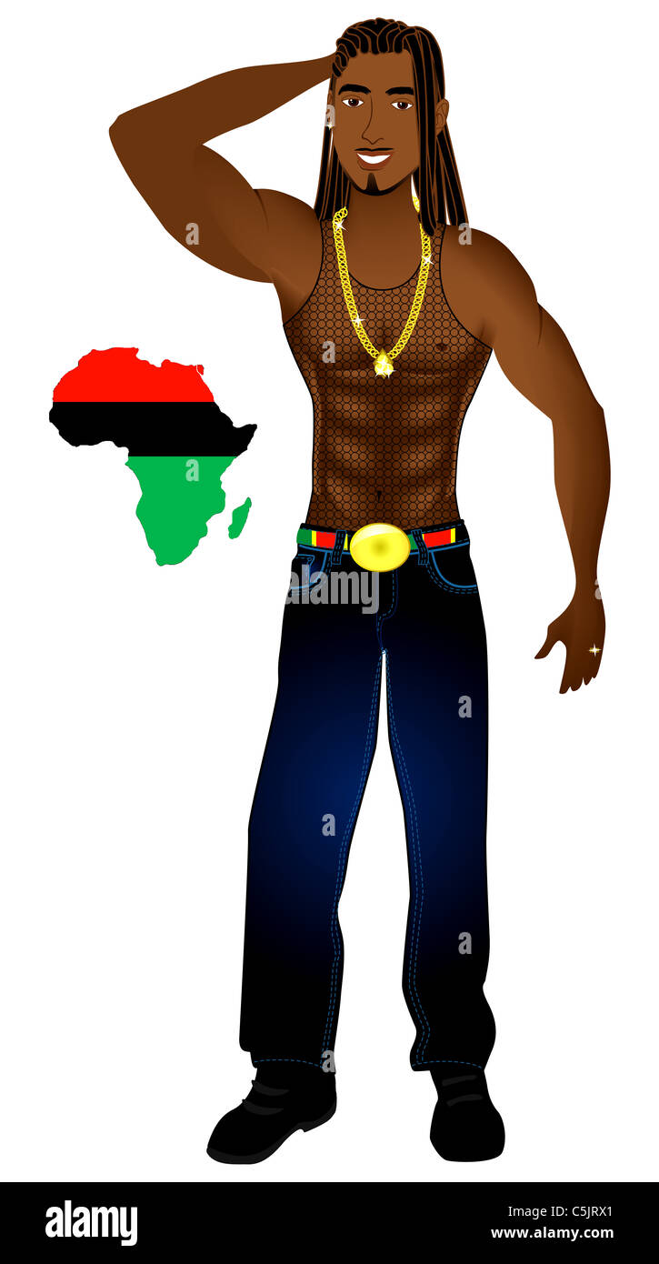 Vector Illustration of an Afrocentric Rasta man with African map. Stock Photo