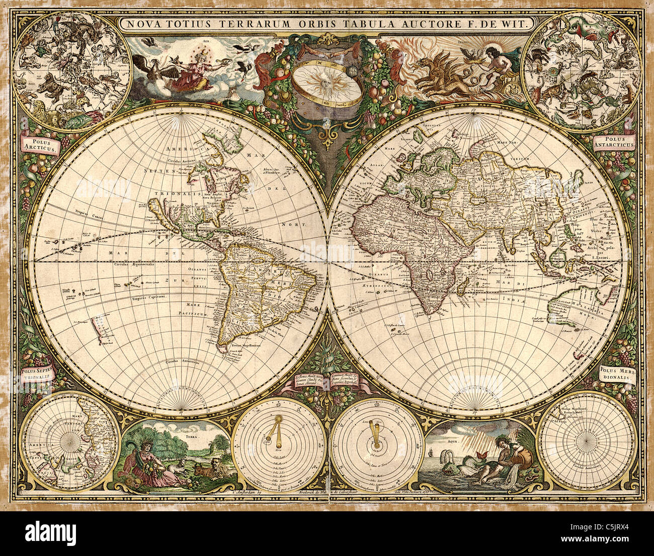 Nova totius terrarum orbis tabula auctore - Antique World Map by Frederick de Wit, 1660. Stock Photo