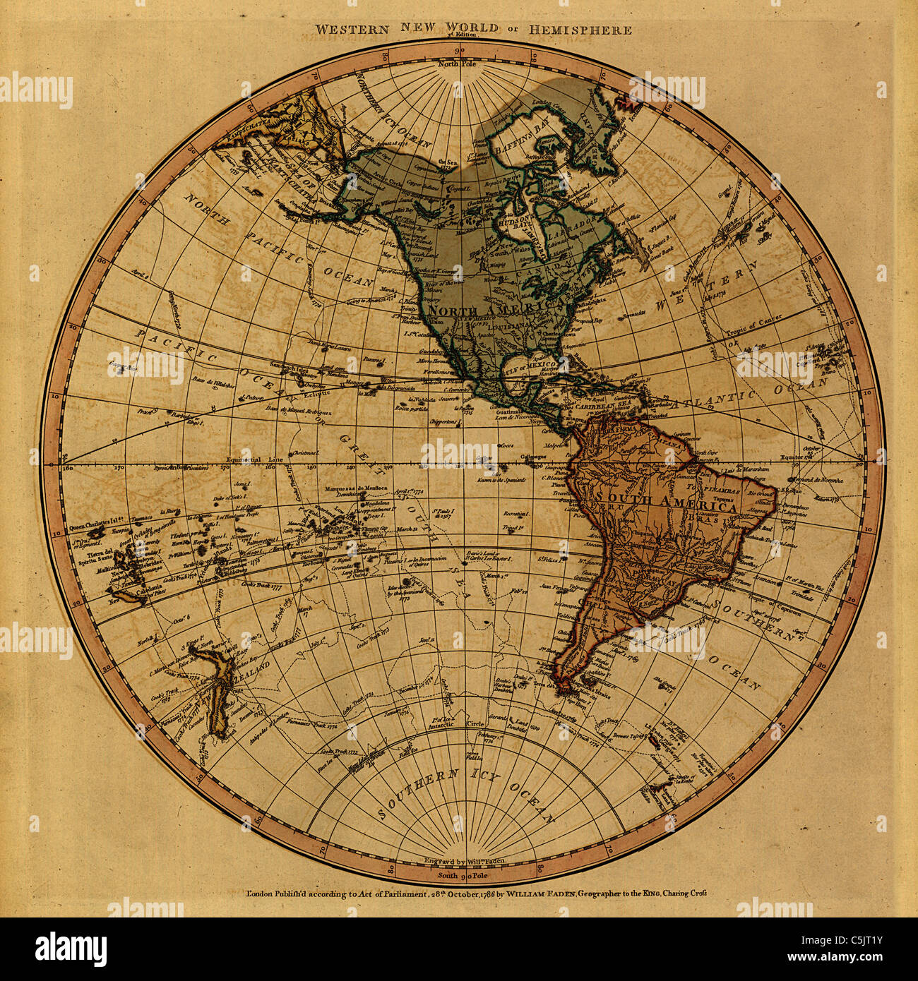 Antiquarian World Map - Antique 1786 World Map by William Faden - Western Hemisphere Stock Photo