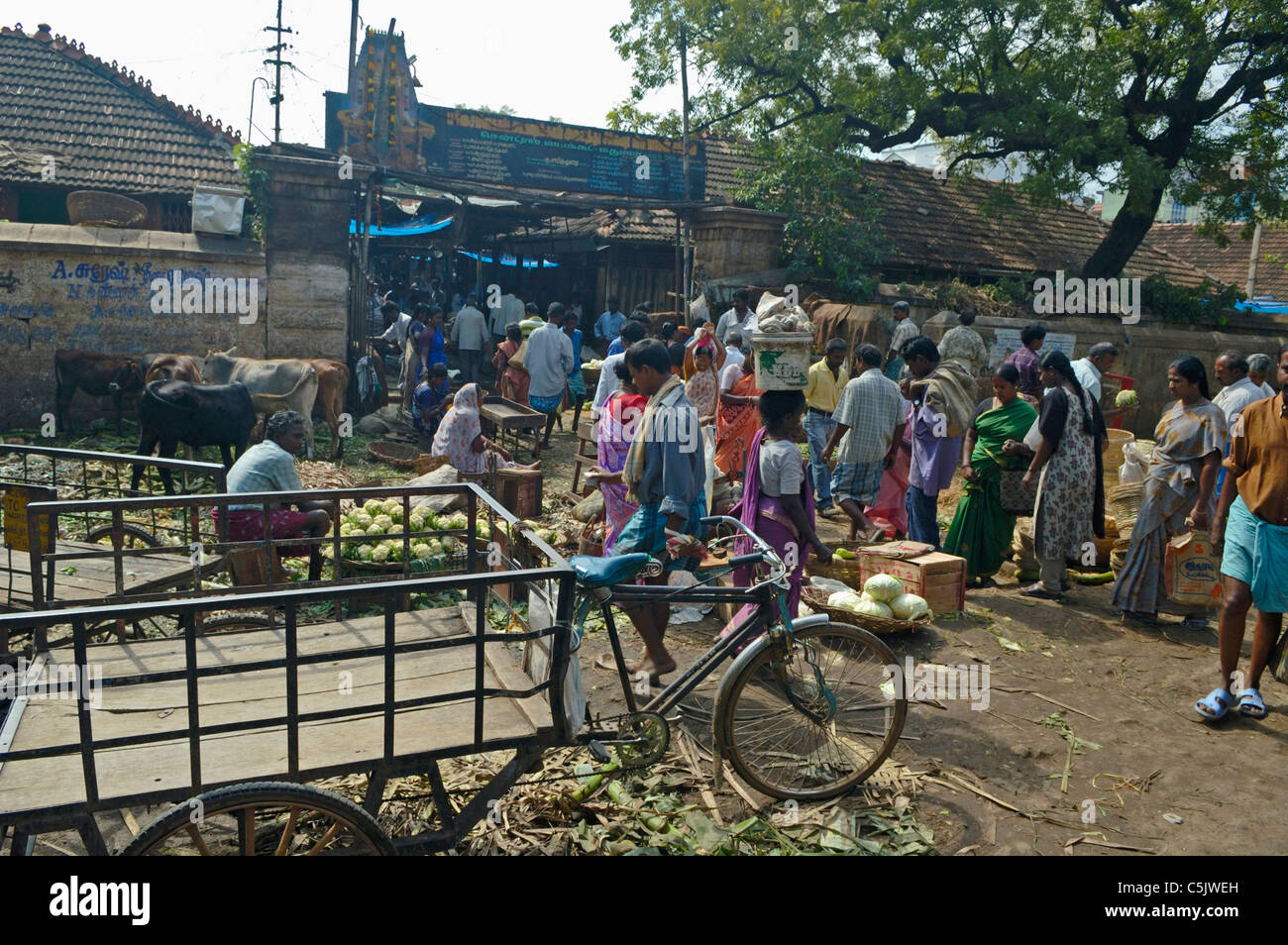 India, Tamil Nadu, Madurai, 2005. Three wheeler transport bicycle on a market in Madurai. Stock Photo