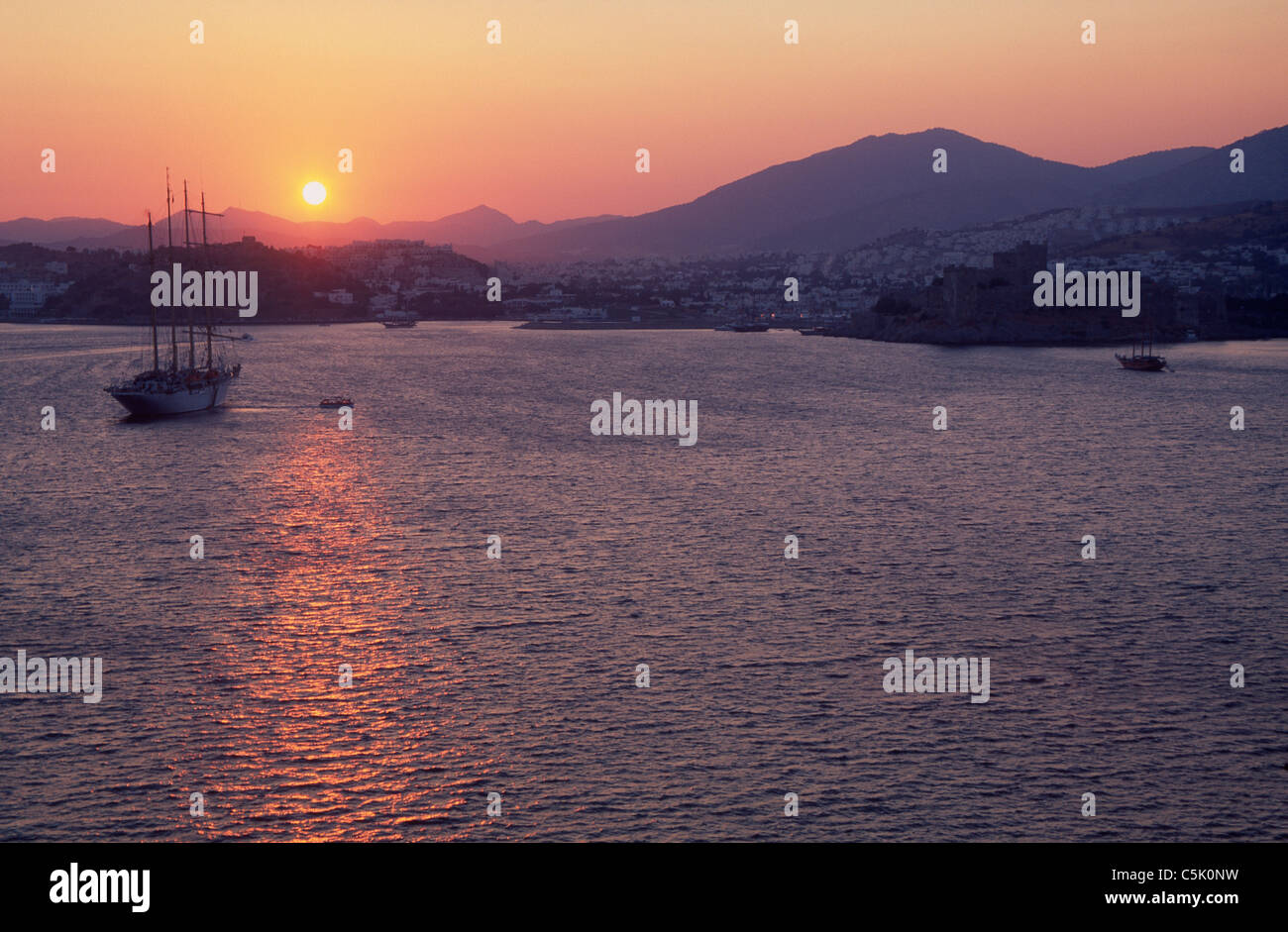 Passenger boat at sunset, Bodrum, Mugla, Turkey Stock Photo