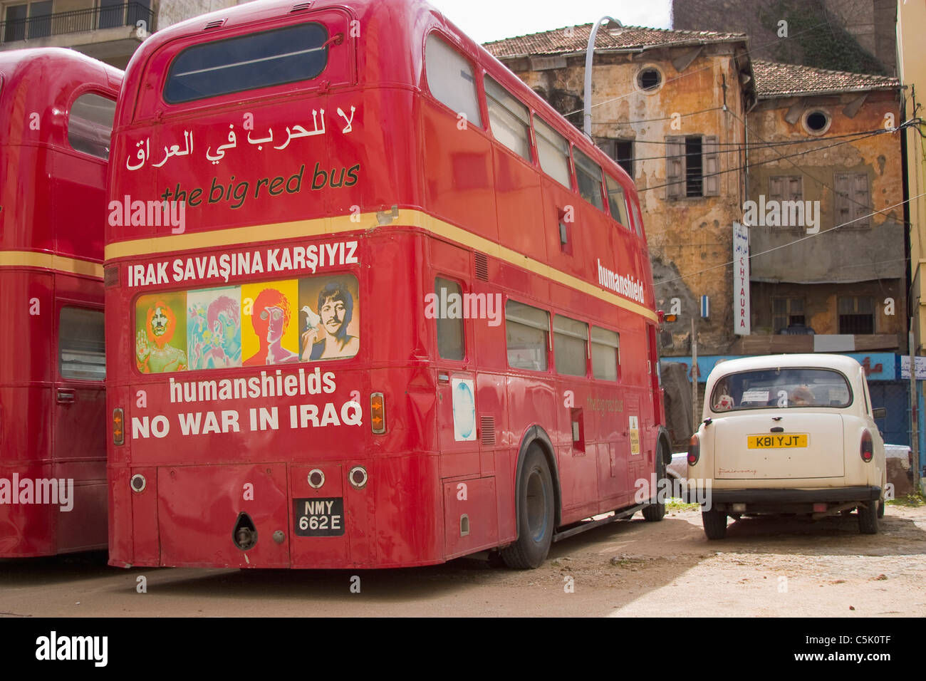 Double decker London buses of Joe Letts and peace activist Ube Evans carrying human shields to Baghdad, Iraq, in Beirut, Lebanon Stock Photo