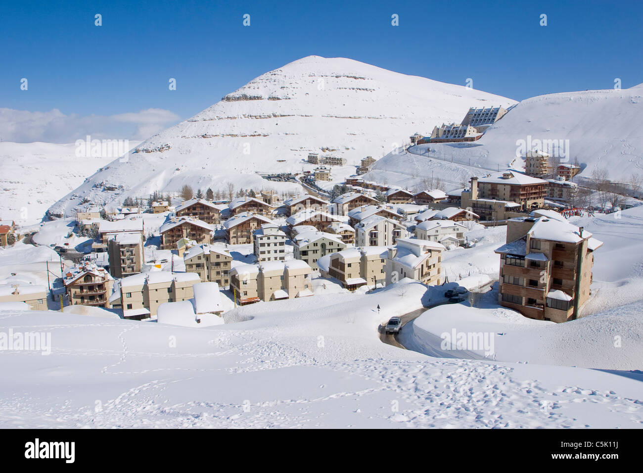 Snow covered ski resort, Mzaar, Faraya, Lebanon Stock Photo
