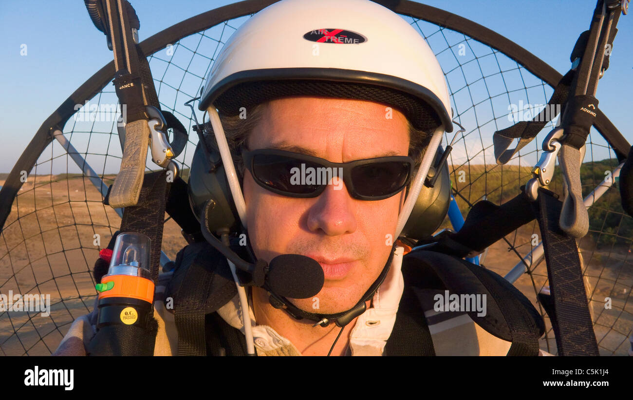 Pilot in paramotor seat, Karaburun, Black Sea coast of Istanbul, Turkey Stock Photo