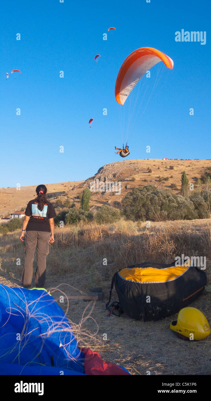 Paraglider pilots flying, Inonu, Eskisehir, Turkey Stock Photo