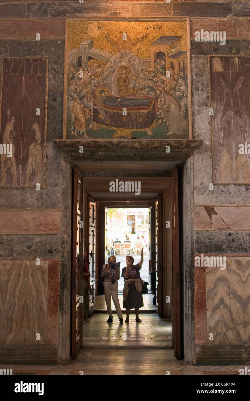 Two female tourists in Chora Museum, Istanbul, Turkey Stock Photo