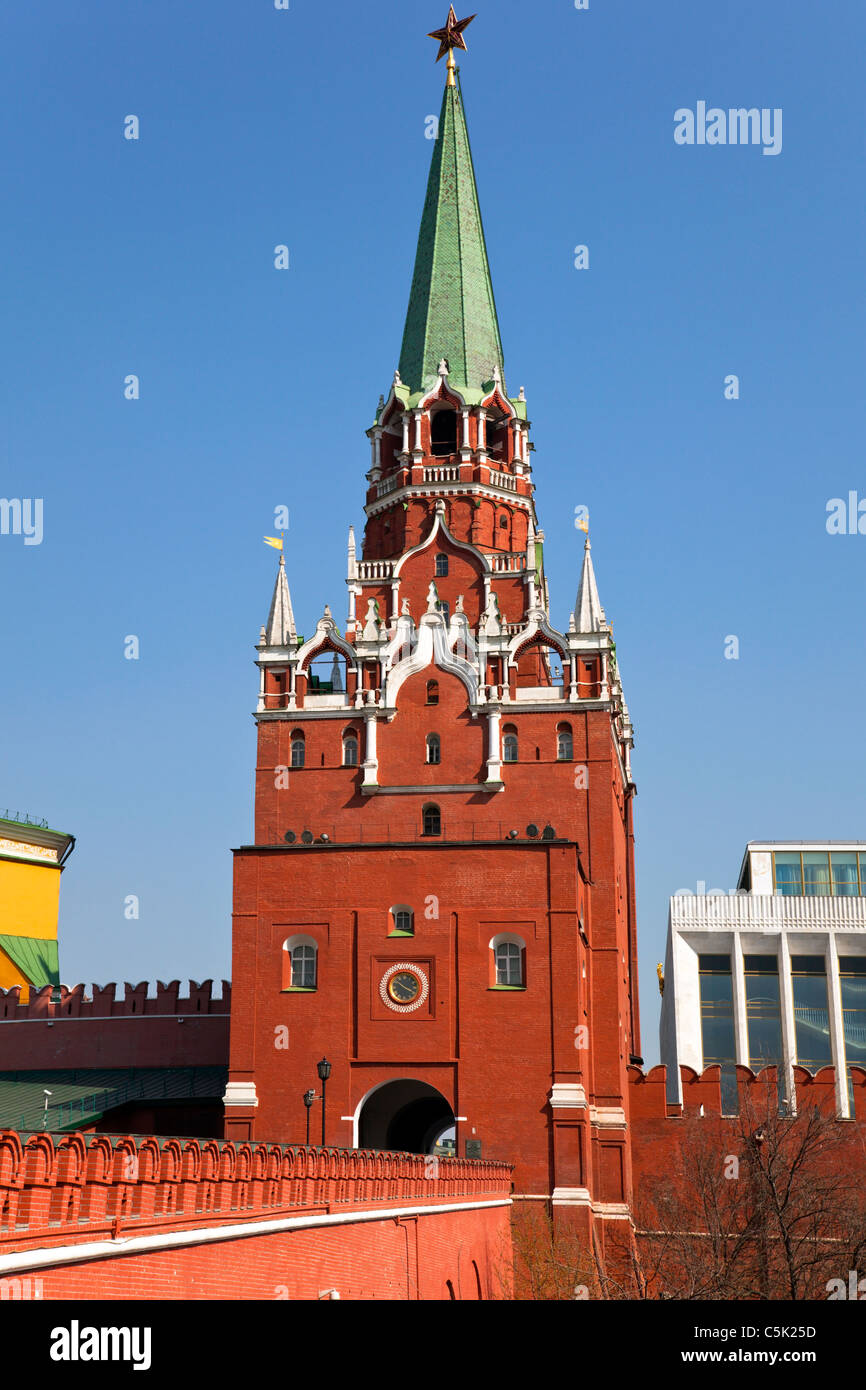 Troitskaya (Trinity) Tower Kremlin wall. Moscow. Stock Photo