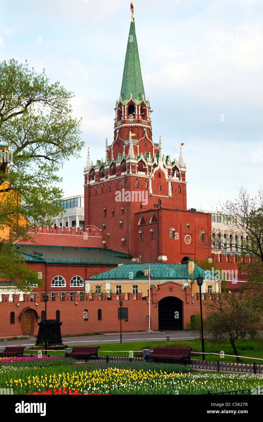 Alexander Gardens and Troitskaya (Trinity) Tower Kremlin wall. Moscow. Stock Photo
