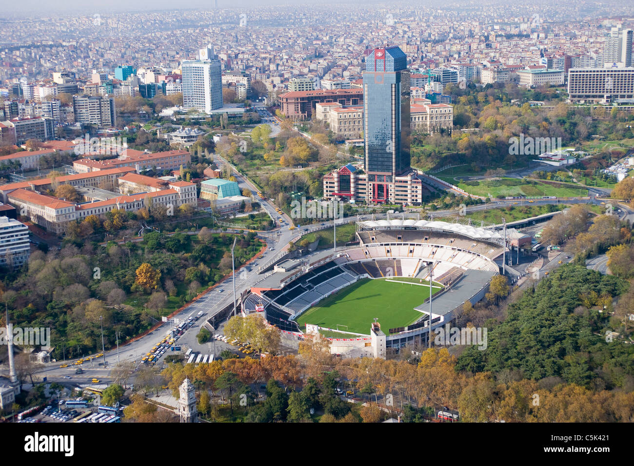 Inonu Stadium, ITU Engineering Faculties complex, and Suzer Plaza aerial, Istanbul - 2010 European Capital of Culture - Turkey Stock Photo
