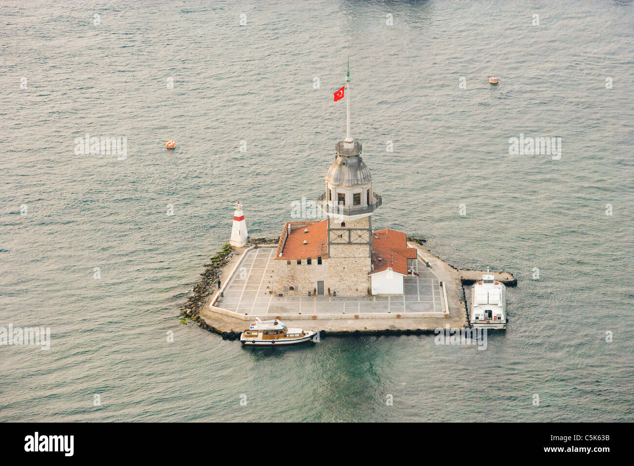 Maiden's (Leander's) Tower dated back to 408 BC/BCE, Marmara Sea entrance of the Bosphorus, aerial, Istanbul, Turkey Stock Photo