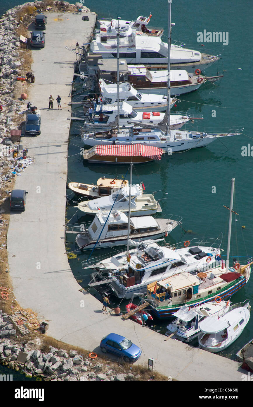 Motorboats moored in Buyukcekmece, aerial, Southwest of Istanbul, Turkey Stock Photo