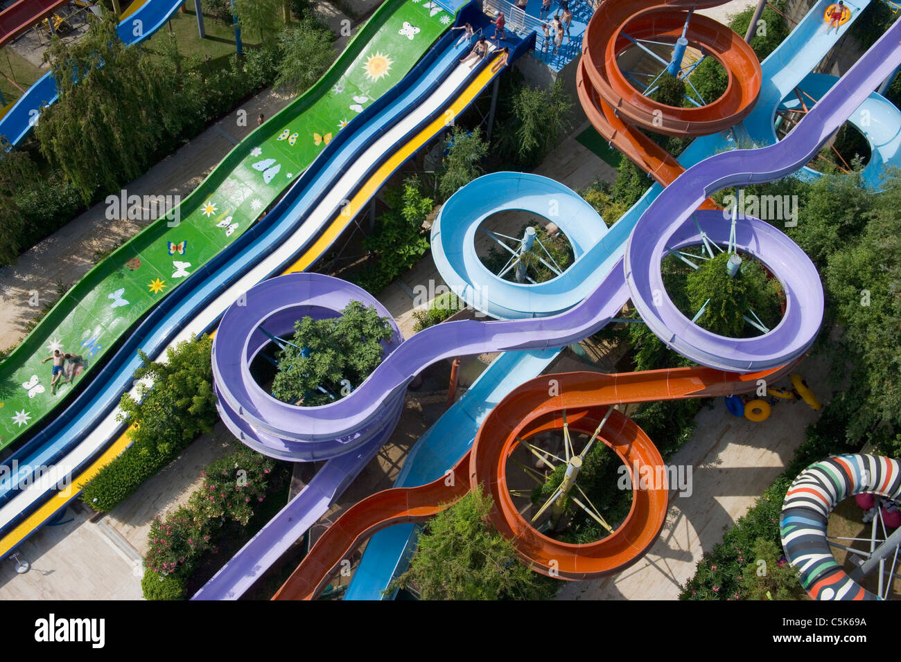 Colorful water slides of an aqua park in Buyukcekmece, aerial, Southwest of Istanbul, Turkey Stock Photo