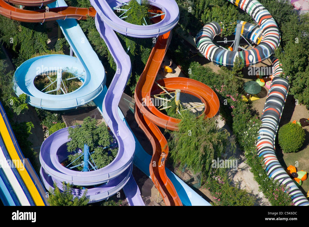 Colorful water slides of an aqua park in Buyukcekmece, aerial, Southwest of Istanbul, Turkey Stock Photo