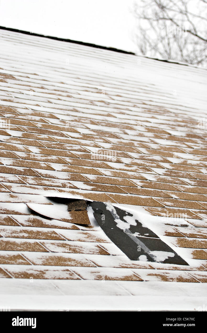 Damaged roof shingles blown off a home from a windy winter storm with strong winds. Stock Photo