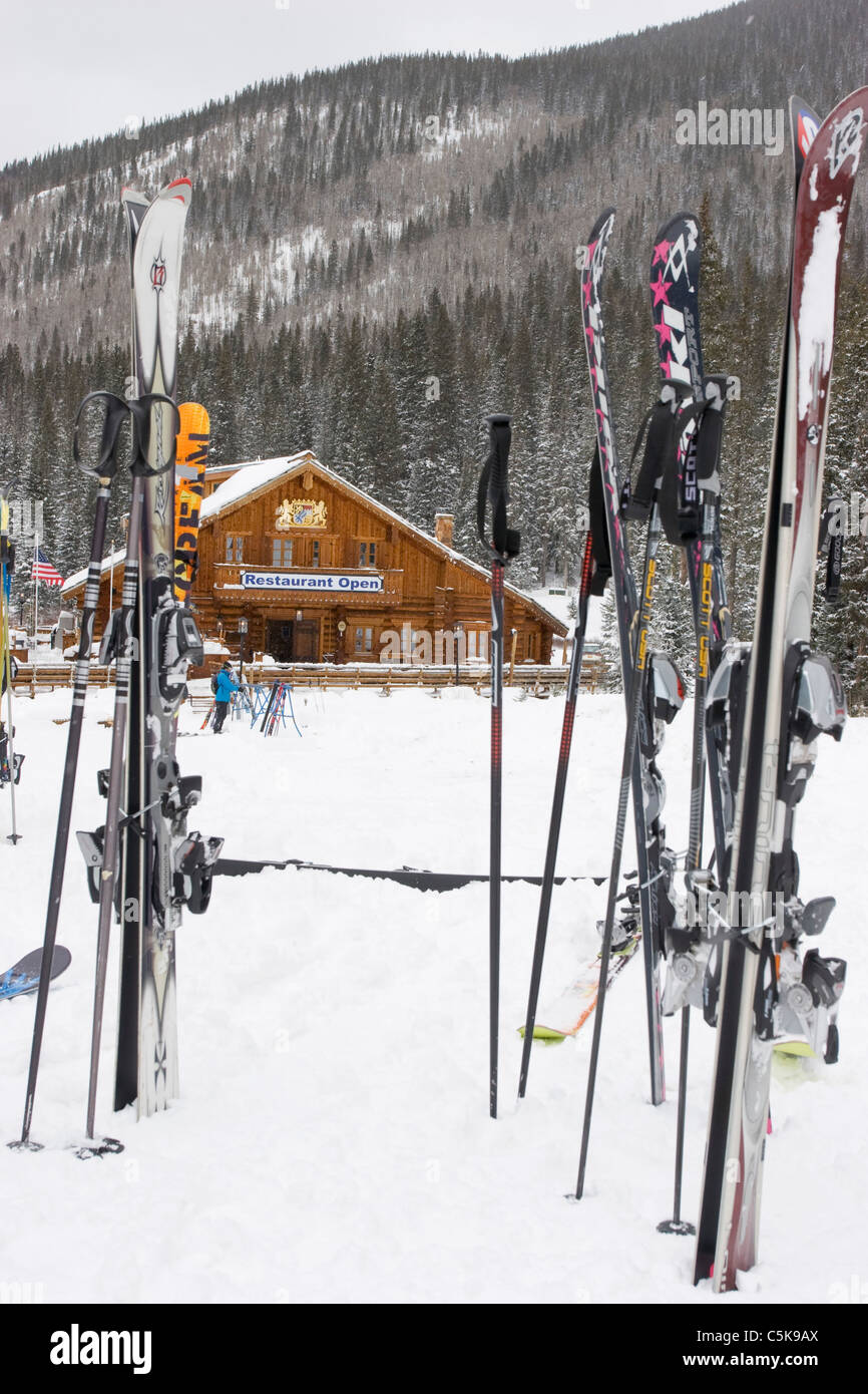 Vertical of skis in snow Stock Photo