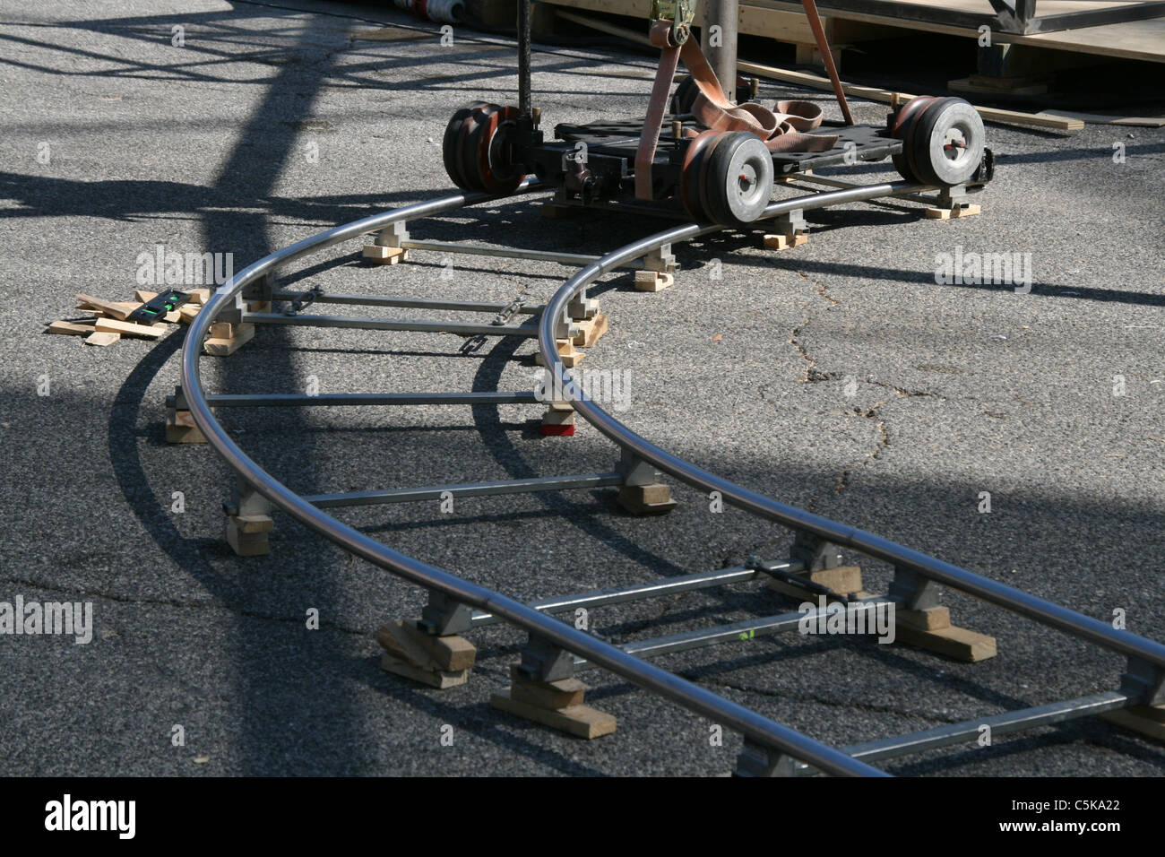 tv crew camera dolly tracks in street road Stock Photo Alamy