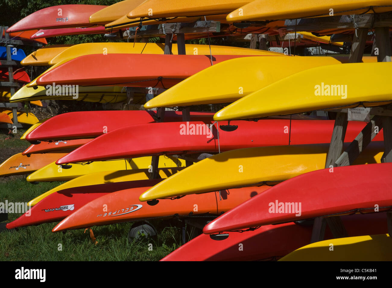 Colorful Kayaks stored for winter in Adirondack Mountains. Stock Photo