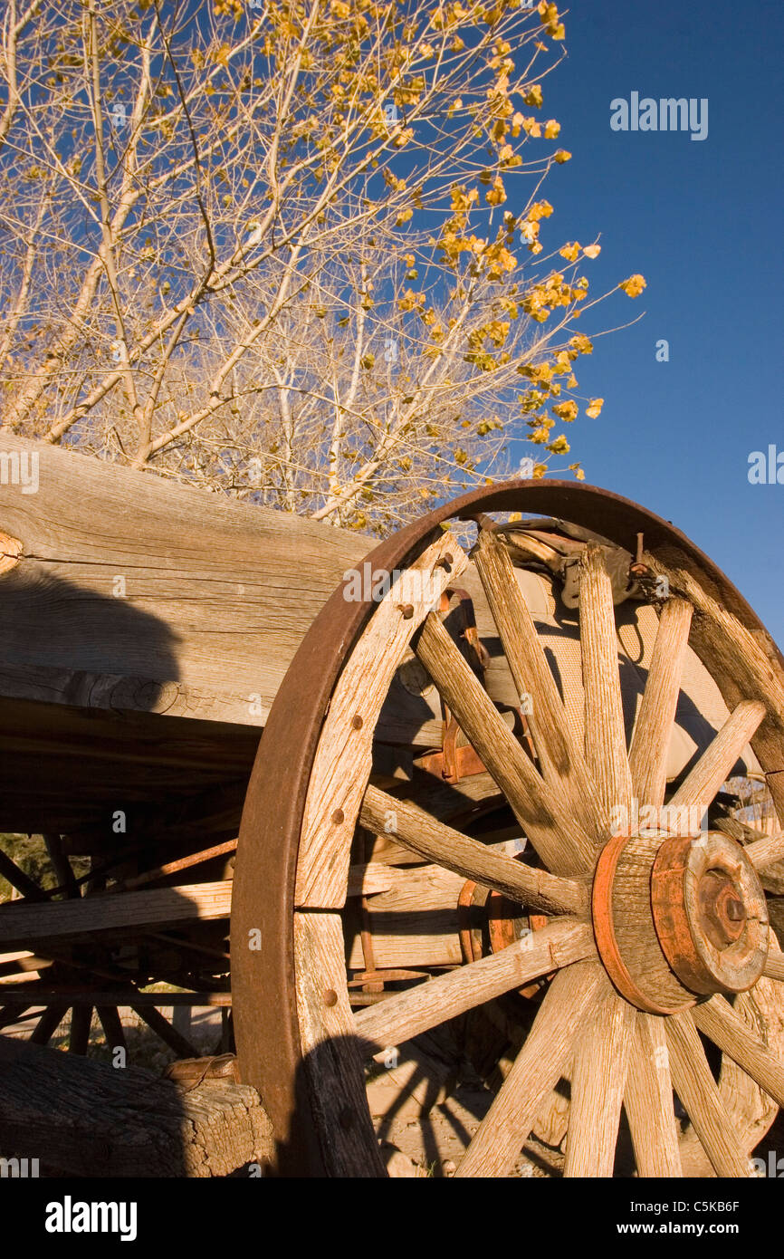 Vertical of wooden wagon wheel in autumn Stock Photo
