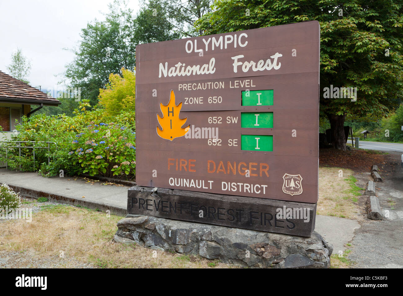 Olympic National Park Fire precaution level sign Quinault District Washington USA Stock Photo
