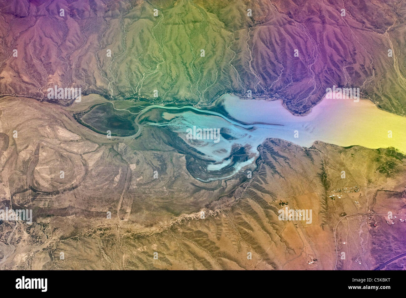 Aerial view of river delta with rainbow prism. Stock Photo
