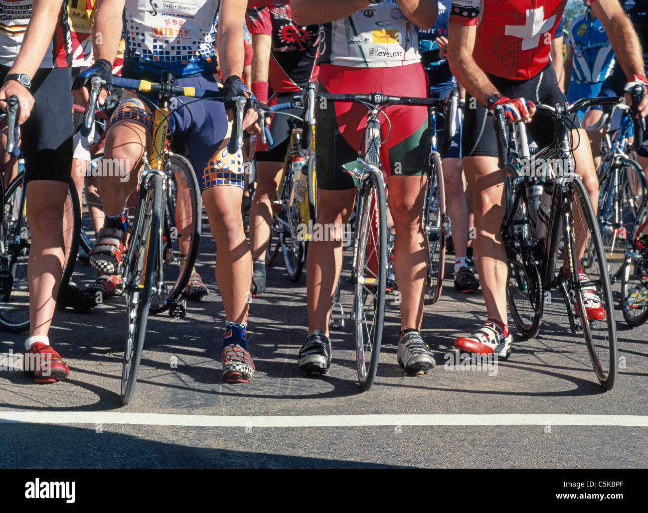Start line of bike race, Arroyo Seco, NM, NR Stock Photo