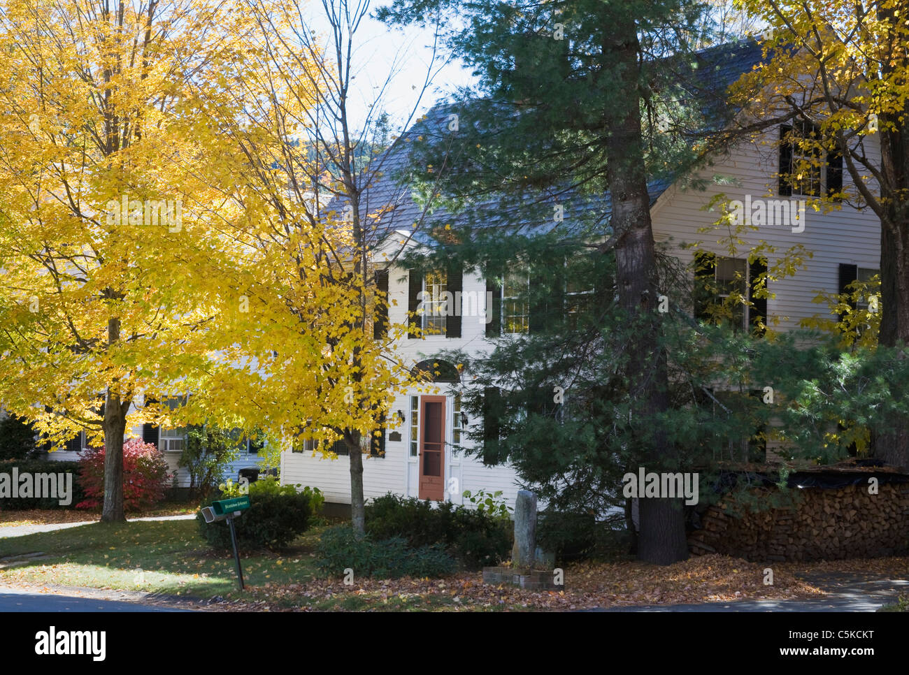 White cottage with dark green shutters. Stock Photo