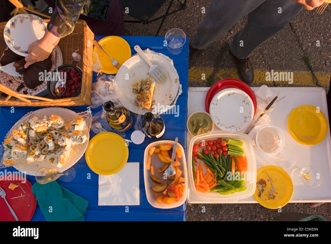 High view of food at a tailgate party, Santa Fe Opera Stock Photo