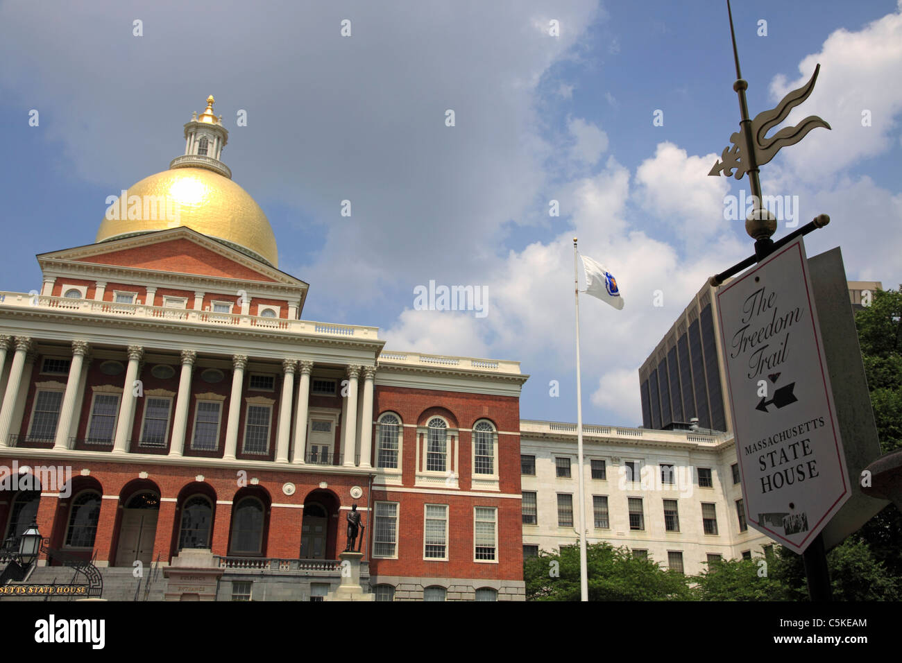 Boston's State House with Freedom Trail Sign Stock Photo