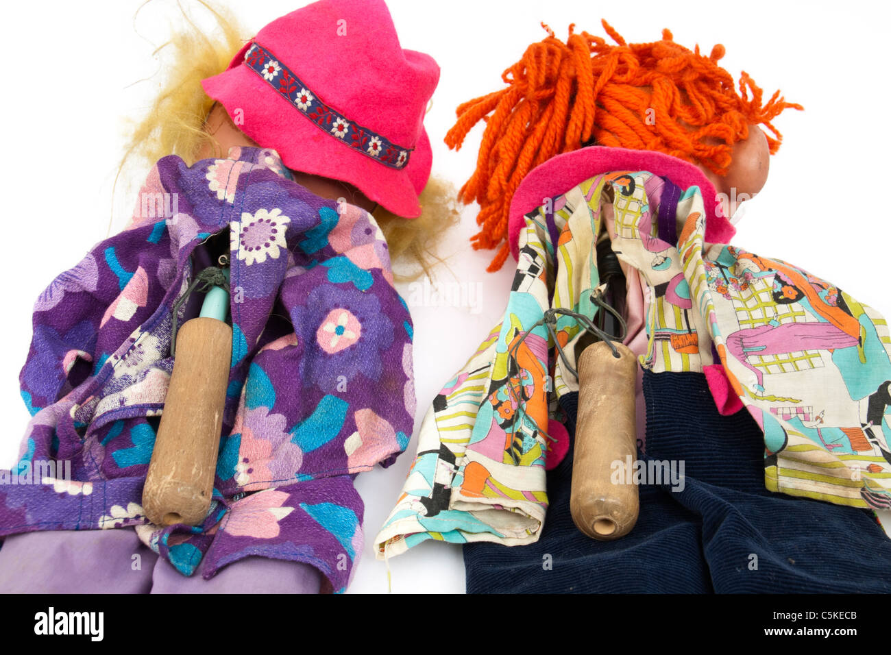 Rear view of vintage hand puppets / ventriloquist dolls Stock Photo