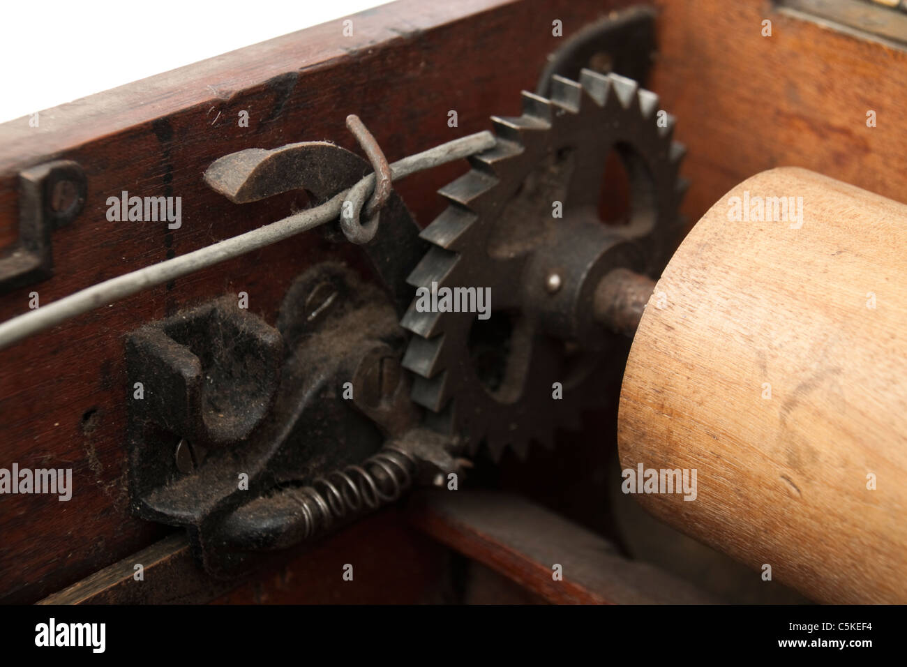 Internal mechanism of an antique O'Brian Self-Closing Till / Cash Register Stock Photo