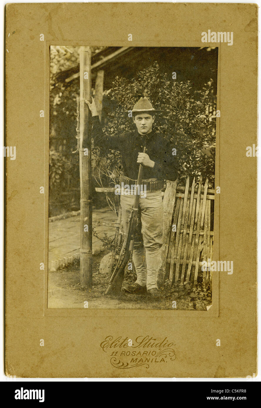 Spanish American War soldiers in Manila, Philippines portrait. uniform gun rifle 45 caliber 8th infantry Stock Photo