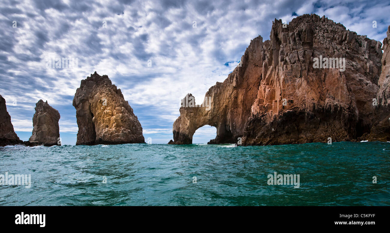 Sunrise on the famous Land's End Arch at Cabo San Lucas, Mexico. Stock Photo