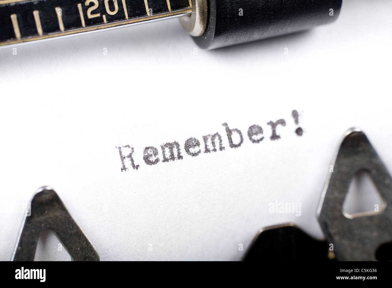 Typewriter close up shot, concept of Remember Stock Photo