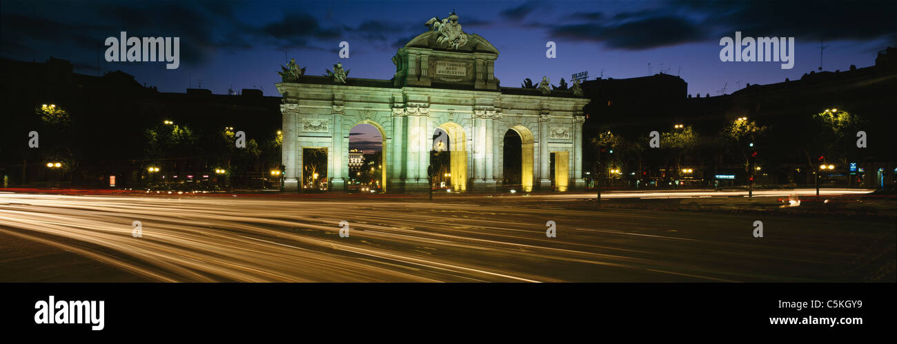 Nighttime time exposure at the Acala Gate in Madrid, Spain. Stock Photo