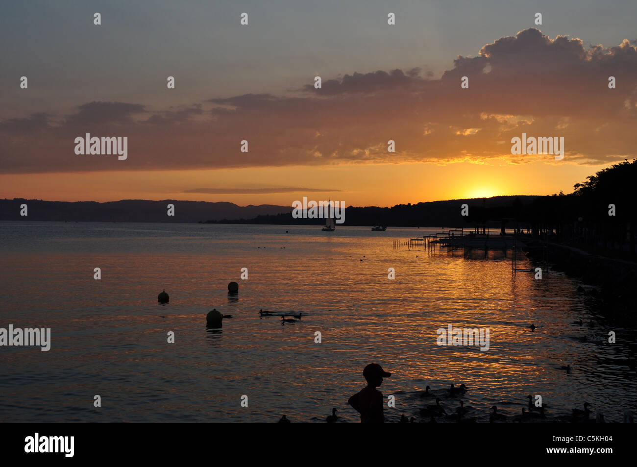 sunset at Lake Zurich, Rapperswil, Switzerland Stock Photo