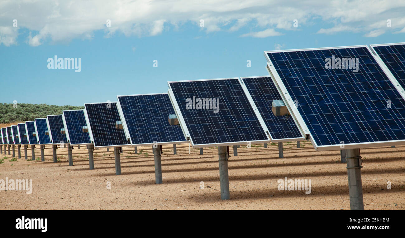 Solar panels providing energy for college campus. Stock Photo