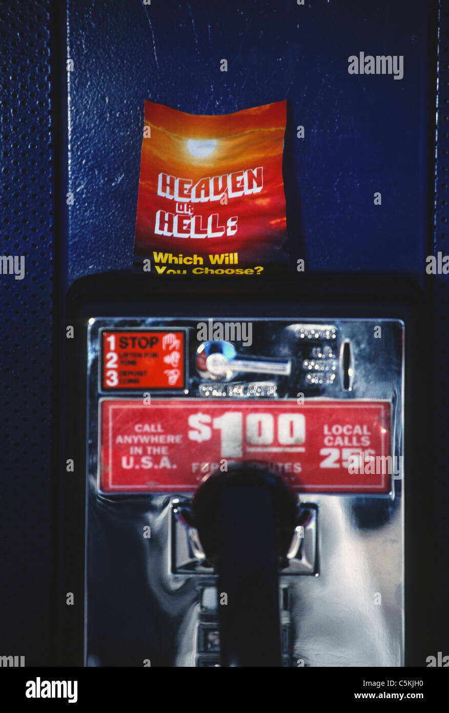 spiritual calling card in phone booth, near Hoover Dam, NV Stock Photo
