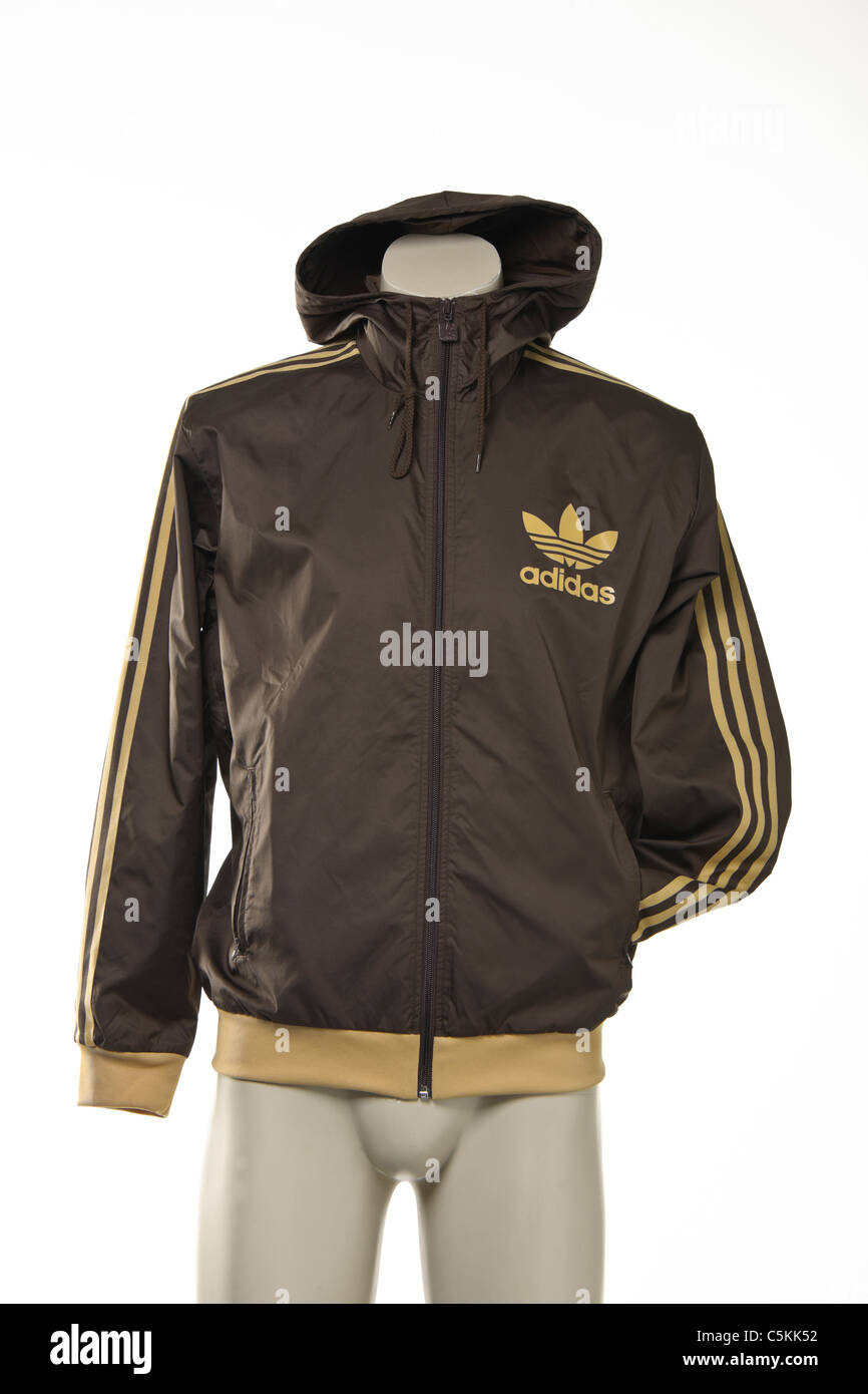 Adidas windbreaker windcheater men's sportswear jacket in brown nylon. Hooded jacket. Stock Photo