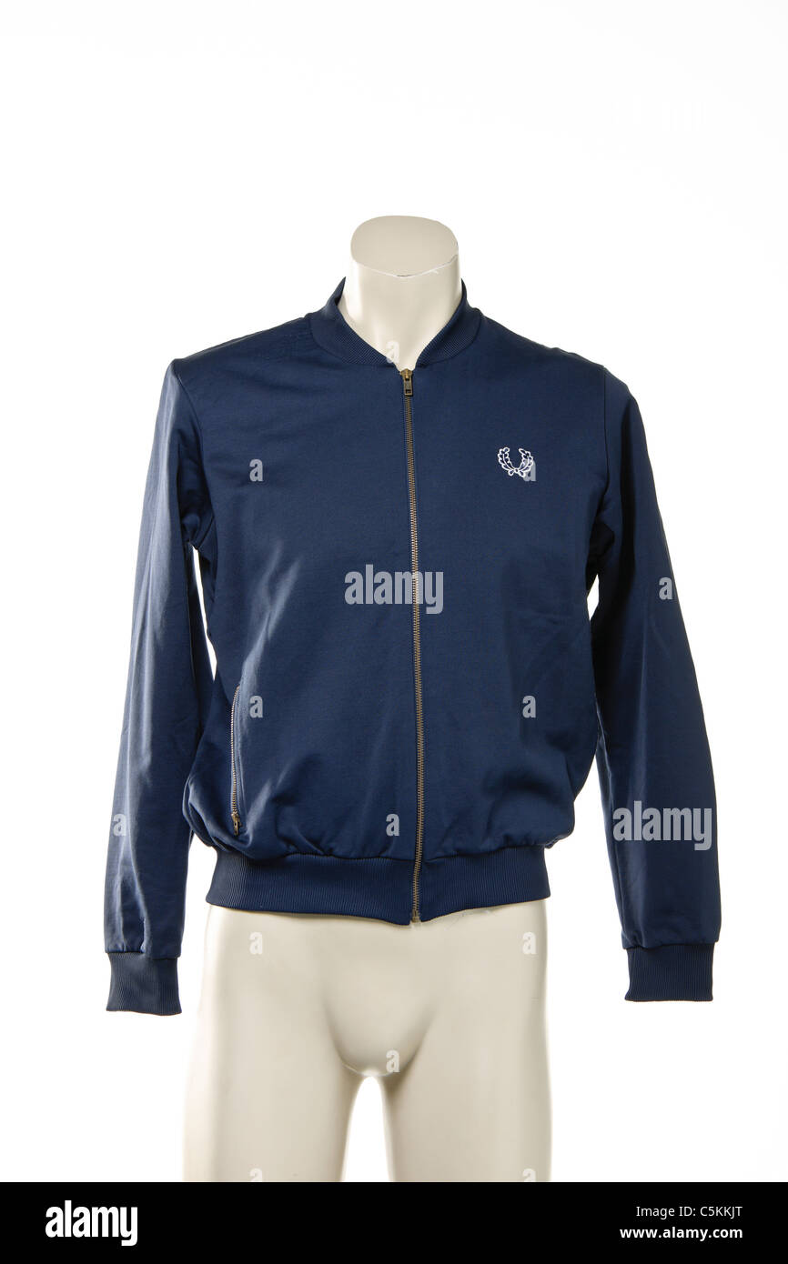 Fred Perry full zip men's track jacket track top in blue nylon. Stock Photo