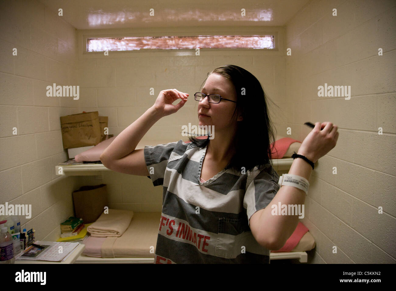 A female inmate in her cell at Estrella Jail in Phoenix, Arizona Stock