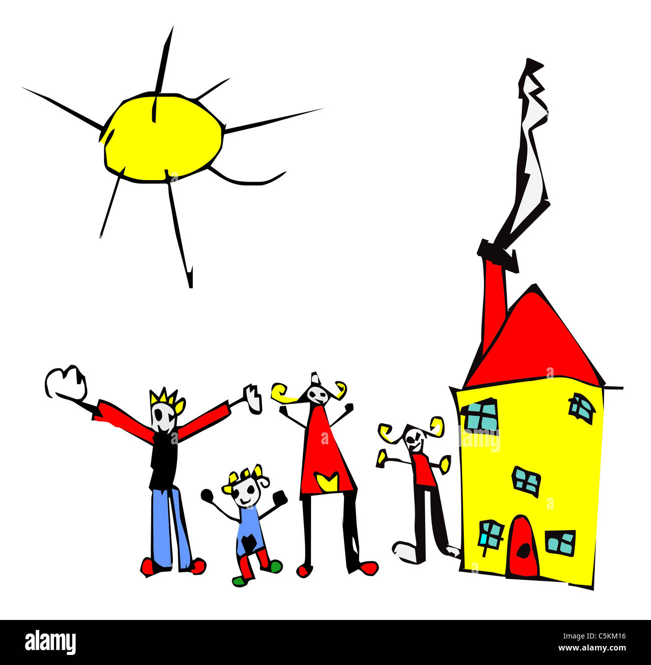 Child hand drawn illustration of a typical happy family of four and their house. Stock Photo